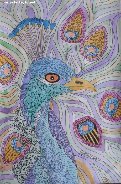 Art Studio PALETTE. Ziya Merchant Picture.  Watercolour, Ink Fantasy Zentangle Flamboyant Peacock