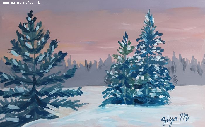 Art Studio PALETTE. Ziya Merchant Picture.  Tempera Landscape Winter 