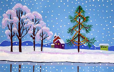 Art Studio PALETTE. Vanja Bartula Picture.  Tempera Landscape Winter 