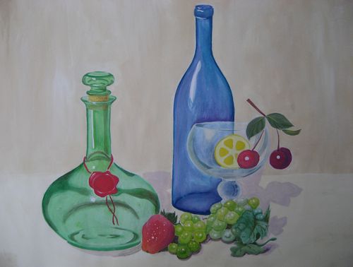 Art Studio PALETTE. Diana Hoang Picture. Fine Art Paper Watercolour Still Life Bottles 