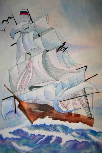 Art Studio PALETTE. Masha Gershkovic Picture.  Watercolour, Ink Landscape Ships Попутный Ветер