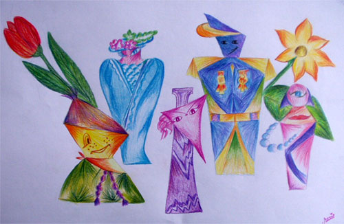 Art Studio PALETTE. Masha Gershkovic Picture.  Coloured Pencil Still Life Bottles 