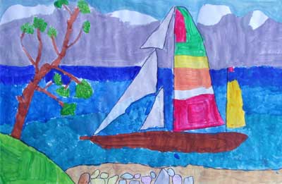 Art Studio PALETTE. Sasha Gontcharov Picture.  Tempera    Seascape with a sailer