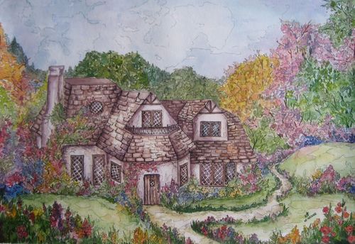Art Studio PALETTE. Katya Akshentseva Picture. Fine Art Paper Watercolour Landscape Houses 