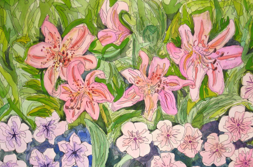 Art Studio PALETTE. Olya Makarevskaya Picture.  Watercolour, Ink Plants Flowers Цветы в Саду