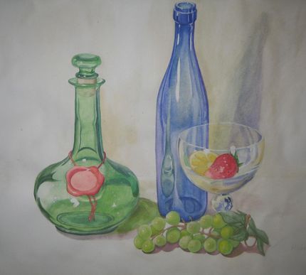 Art Studio PALETTE. Michelle Tseng Picture. Fine Art Paper Watercolour Still Life Bottles 