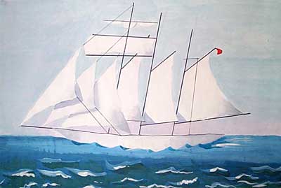 Art Studio PALETTE. Vladimir Smirnov Picture.  Tempera Landscape Ships Sailer