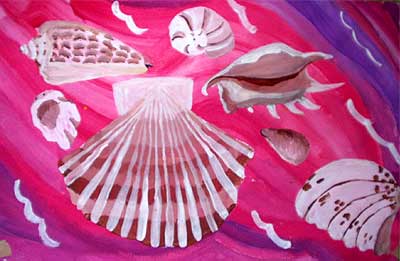 Art Studio PALETTE. Marina Zarud Picture.  Tempera Still Life Shells 