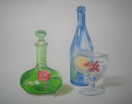 Art Studio PALETTE. Marina Zarud Picture.  Coloured Pencil Still Life Bottles 